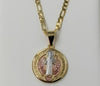 Gold-plated tri-color Saint Benedict medal pendant on a 3mm figaro chain necklace.

A gold-plated Saint Benedict medal p