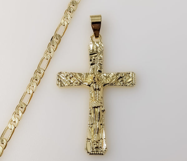 14K Plated 4mm Diamond Cut Figaro Nugget Design Cross Crucifix Christian Gift