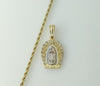 Virgin Mary pendant on a gold plated rope braided chain necklace.
A gold plated rope braided chain necklace featuring a