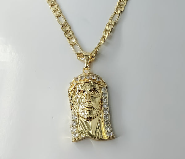 Gold plated 14K diamond cut Figaro chain Jesus style necklace with pendant.

Gold plated 14K diamond cut Figaro chain Je