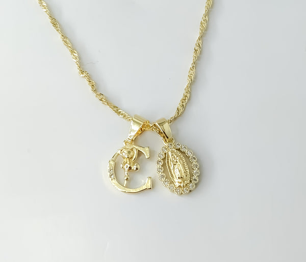 Letter "C" Dainty Our Lady of Guadalupe Double Pendant 14K Twist Chain Necklace