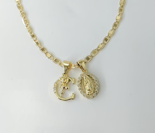 Letter "C" Dainty Virgin Mary Double Pendant 3mm Flat Mariner Chain Necklace