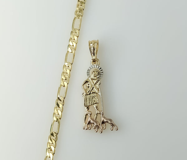 Gold plated figaro chain necklace in tri-color style with Saint Lazarus charm.