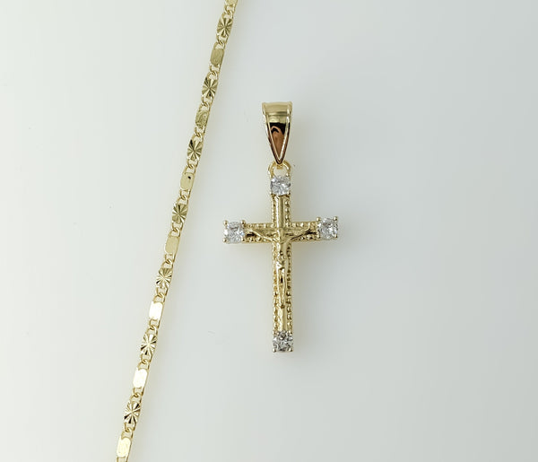 Gold plated small star-shaped chain necklace with a cross charm.