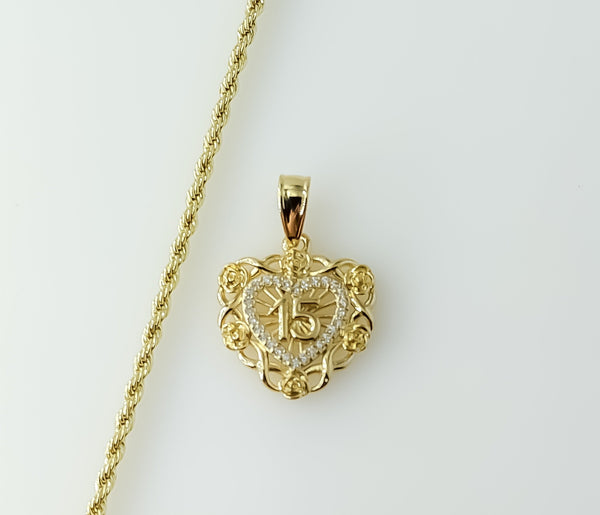 Plated Dainty Heart "My 15" Quince 2mm Rope/Braided Chain Necklace