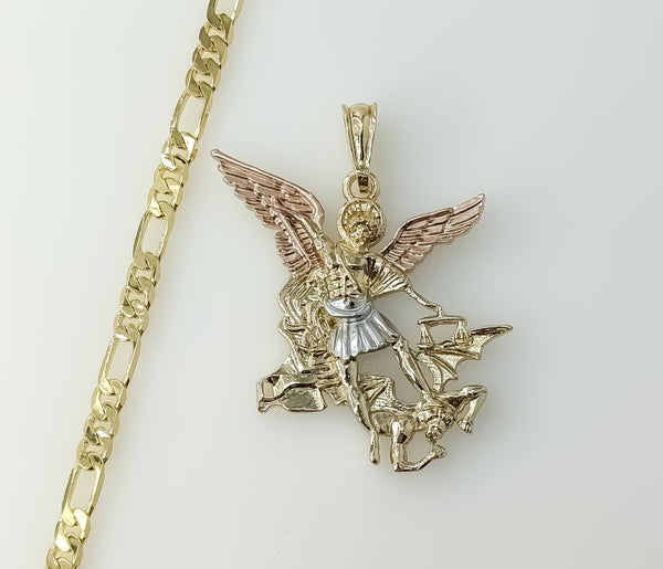 Plated Tri-Color Large Archangel Saint Michael 5mm Figaro Chain Necklace