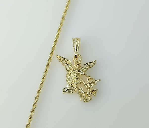 Gold plated Saint Michael pendant on a braided chain rope necklace.

Gold plated small Archangel Saint Michael pendant o
