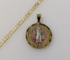 Gold plated Saint Benedict medal pendant on a 14K diamond cut figaro chain.

Gold plated tri-color Saint Benedict medal