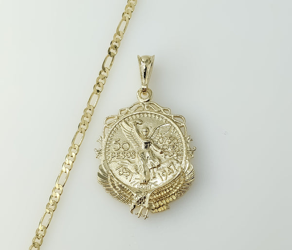 A gold-plated Mexican Centenario 3mm Figaro chain double-sided necklace.