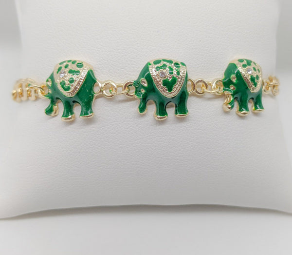 Gold Plated Green Elephant Bracelet
