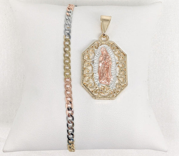 Plated Tri-Color Virgin Mary Pendant and Chain Set