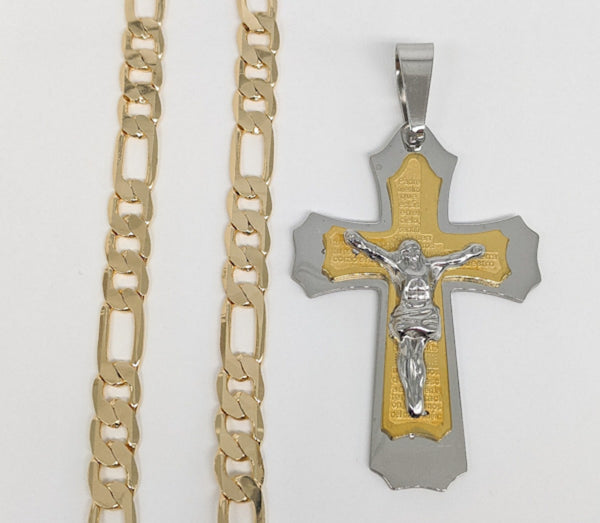 Stainless Steel Cross Pendant and Gold Plated Chain Set