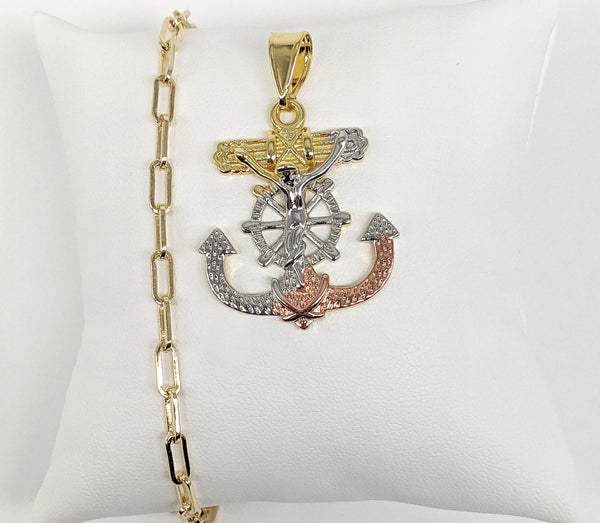 Plated Tri-Color Cross Anchor Pendant and Chain Set