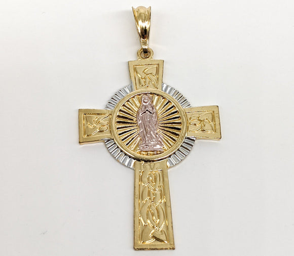 Plated Tri-Color Cross with Virgin Mary Pendant