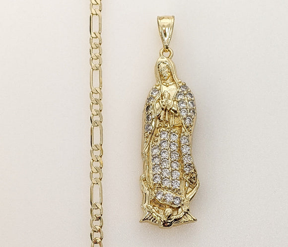 Plated Large Virgin Mary 4mm Figaro Chain Necklace