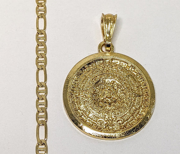 Plated Aztec Calendar 4mm Figaro Mariner Chain Necklace