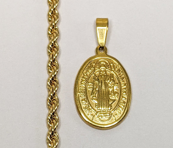 Stainless Steel Saint Benedict Pendant 4mm Plated Rope/Braided Chain Necklace
