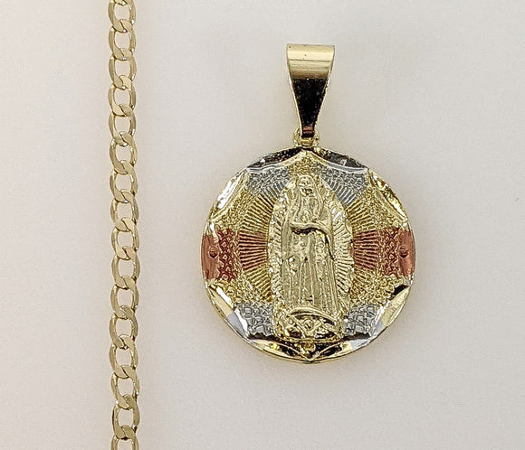 Plated Tri-Color Virgin Mary 3mm Cuban Chain Necklace