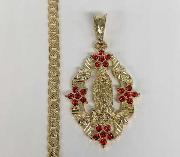 Plated Virgin Mary Pendant and Diamond Cuban Link Chain Set