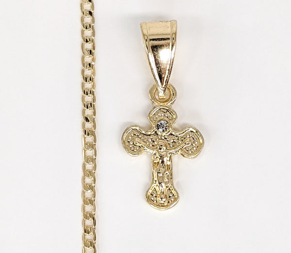 Gold Plated Mini Cross Pendant and Cuban Chain Set
