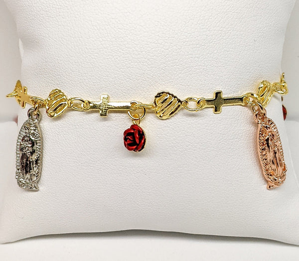 Gold Plated Tri-Gold Virgin Mary and Rose Charm Bracelet