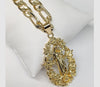 Gold Plated Virgin Mary Holding Child Pendant and Diamond Figaro Chain Set