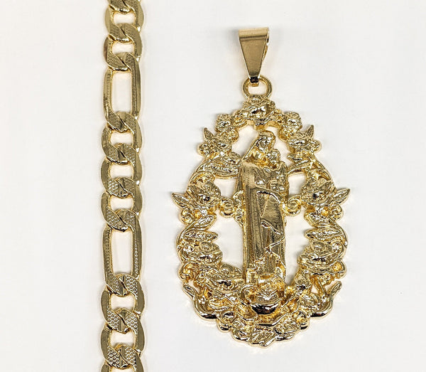 Gold Plated Virgin Mary Holding Child Pendant and Diamond Figaro Chain Set