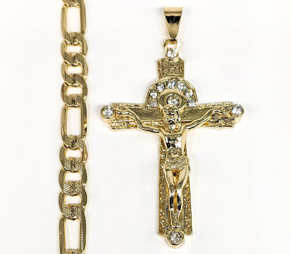 Plated Cross Pendant and Diamond Figaro Chain Set