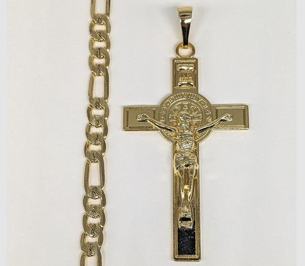 Plated Cross with Saint Benedict Pendant and Diamond Figaro Chain Set