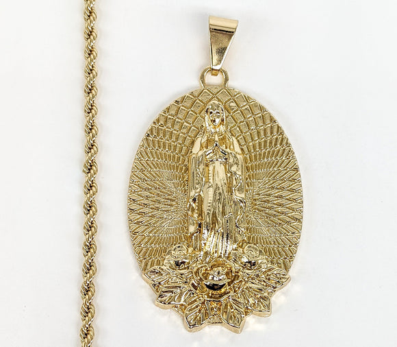 Plated Virgin Mary Pendant and Rope Chain Set
