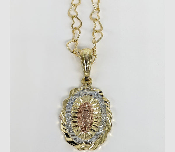 Gold Plated Tri-Gold Quince Virgin Mary Pendant and Hearts Chain Set