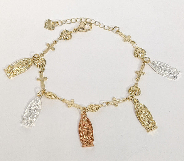 Gold Plated Tri-Gold Virgin Mary and Cross Charm Bracelet