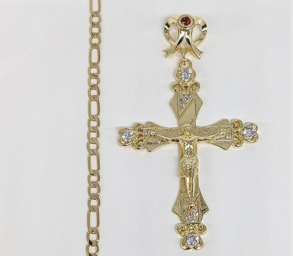 Plated Cross Pendant and Figaro Chain Set