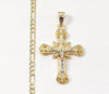 Gold Plated Tri-Gold Cross 4mm Figaro Chain Necklace