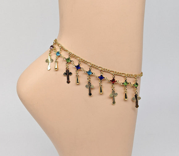 Plated Cross Multi-Color Stone Anklet