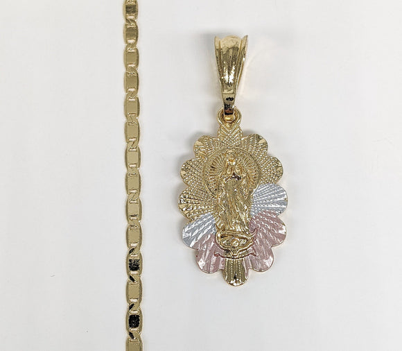 Plated Tri-Color Virgen de Guadalupe Pendant Chain Set*