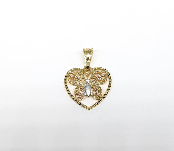 Plated Tri-Gold Butterfly Heart Pendant