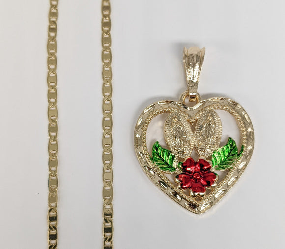 Plated Heart with Virgin Mary Pendant and Chain Set