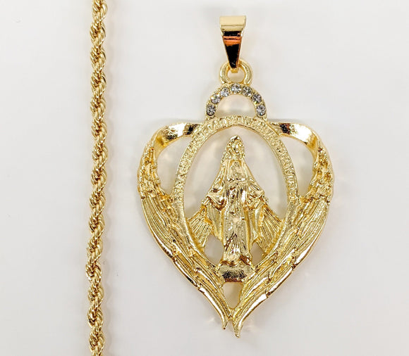Plated Virgin Mary Pendant and Rope Chain Set