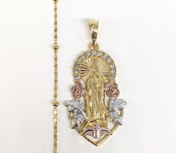 Gold Plated Tri-Color Virgin Mary Pendant and Chain Set