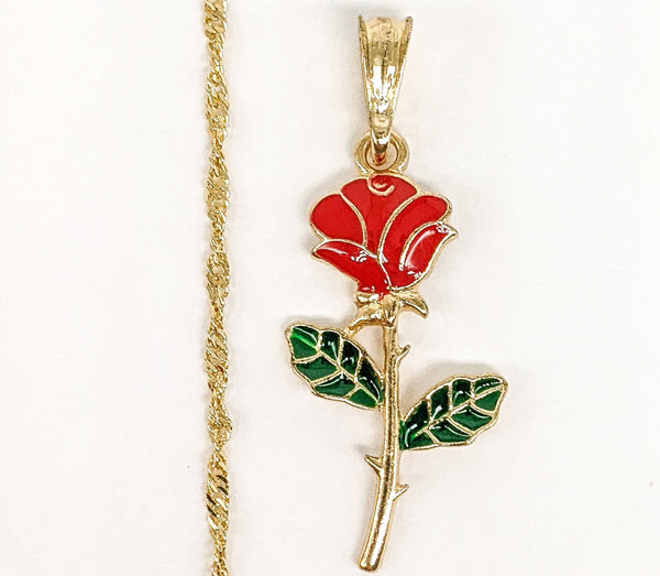 Gold Plated Multicolor Rose Flower Pendant and Twist Chain Set