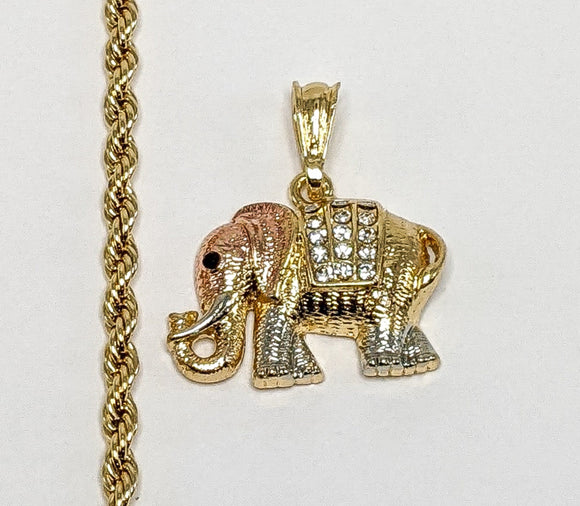 Gold Plated Tri-Gold Elephant 4mm Rope/Braided Chain Necklace
