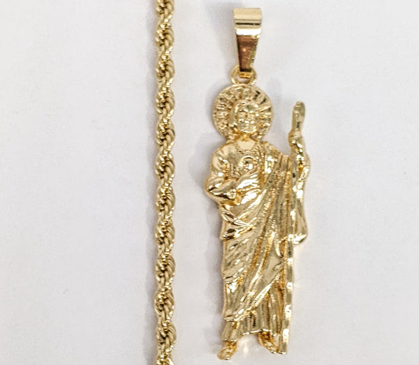 Gold Plated Saint Jude Pendant and Rope/Braided Chain Set