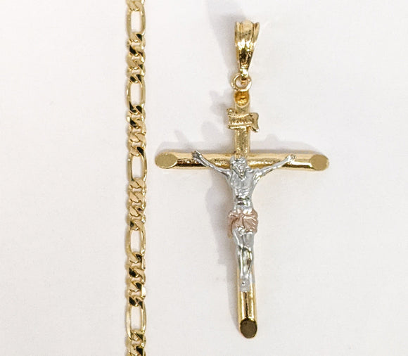 Plated Tri-Gold Cross 5mm Figaro Chain Necklace