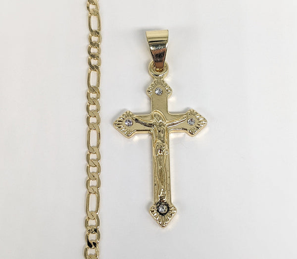 Plated Cross Pendant and Round Figaro Chain Set