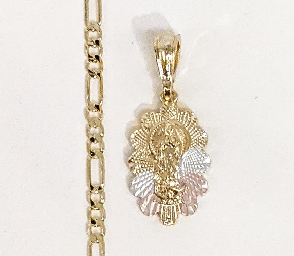Plated Tri-Gold Virgin Mary 4mm Figaro Chain Necklace