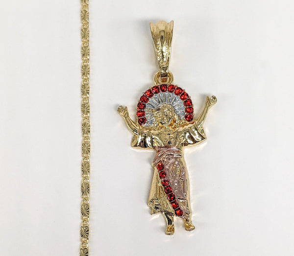 Plated Tri-Gold Red Stone Divino Niño Pendant and Chain Set*