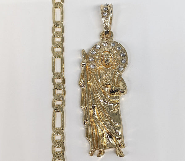 Plated Stoned Saint Jude Pendant and Diamond Figaro Chain Set