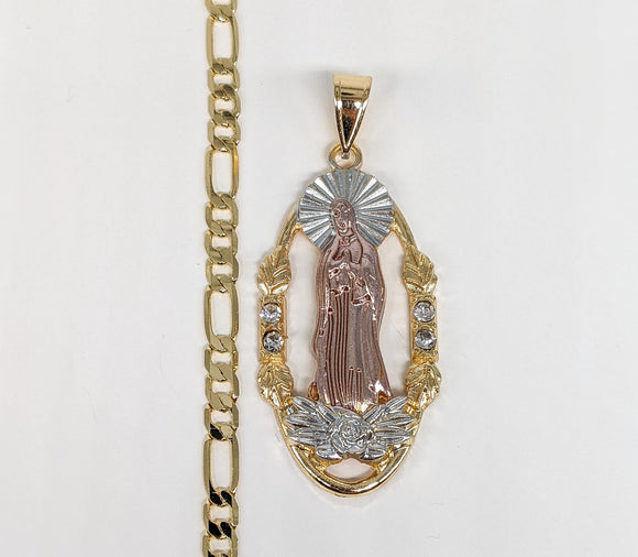 Plated Tri-Gold Virgin Mary Pendant and Round Figaro Chain Set