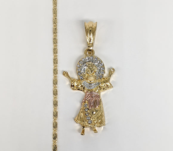 Plated Tri-Gold Stoned Divino Niño Pendant and Chain Set*